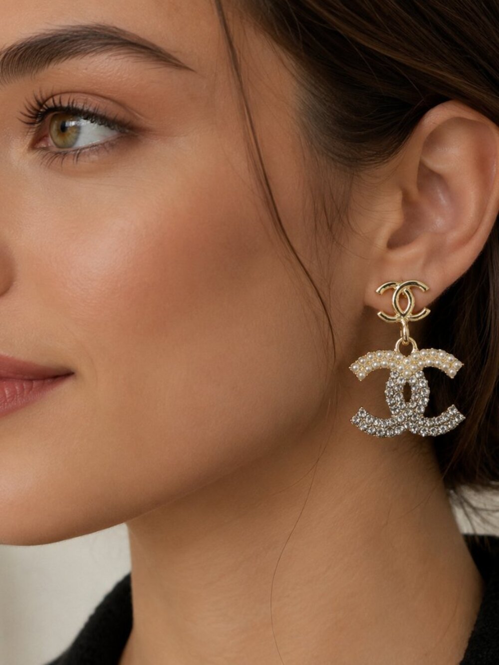 Fashion Gold-Tone Logo Drop Earrings with Clear Crystals and Pearls - NEW